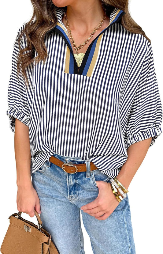 Womens Short Dolman Sleeve Tops Striped V Neck Summer Casual Loose Fit Blouses Business Tee Shirts Dressy