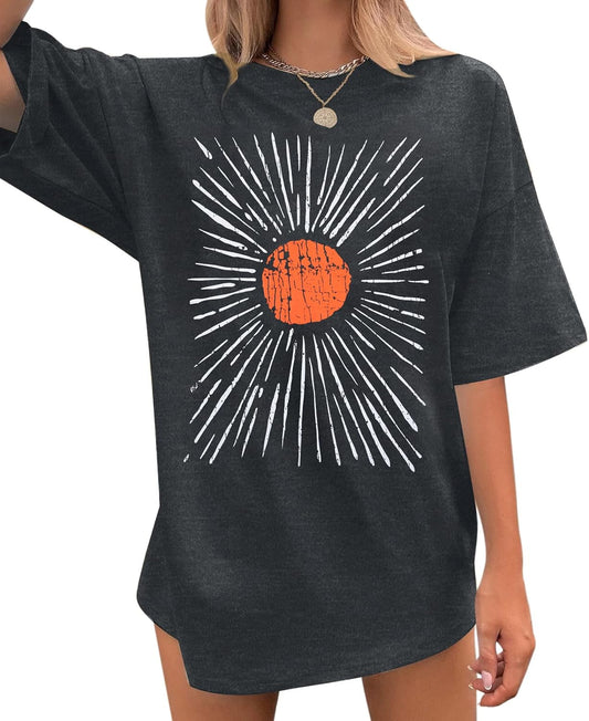 Womens Oversized Tee Shirts Vintage Sunshine Graphic Tees Hiking T-Shirts Boho Summer Short Sleeve Top