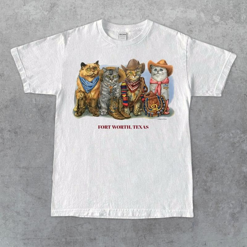 90s Prints Of Tails Cowboy Western Cats Graphic Tee Short Sleeve Unisex T-Shirt