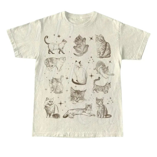 90s Tattoo Cat Tshirt, Retro Kitten Nature Shirt, Cat Lovers Gift, Cats In Space Unisex Relaxed Tee, Funny Gifts Top...
