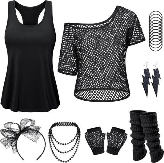 Women 80s Outfit Party Costumes Fishnet Neon Off Shoulder T-Shirt Two Pieces With 80s Fancy Dress Costume Accessories
