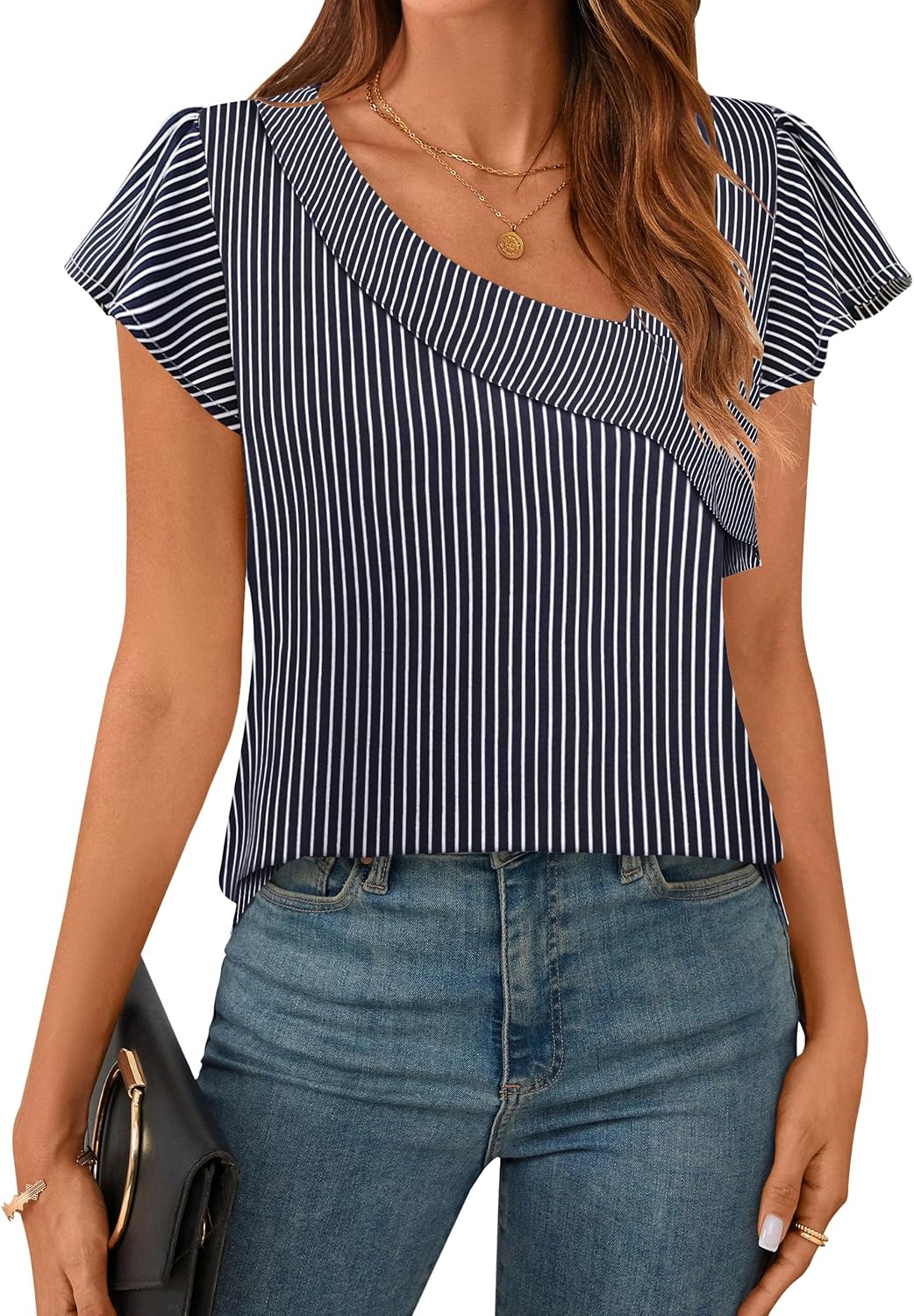 Womens Dressy Casual Blouses Asymmetrical V Neck Business Work Tops Ruffle Sleeve Summer Shirts