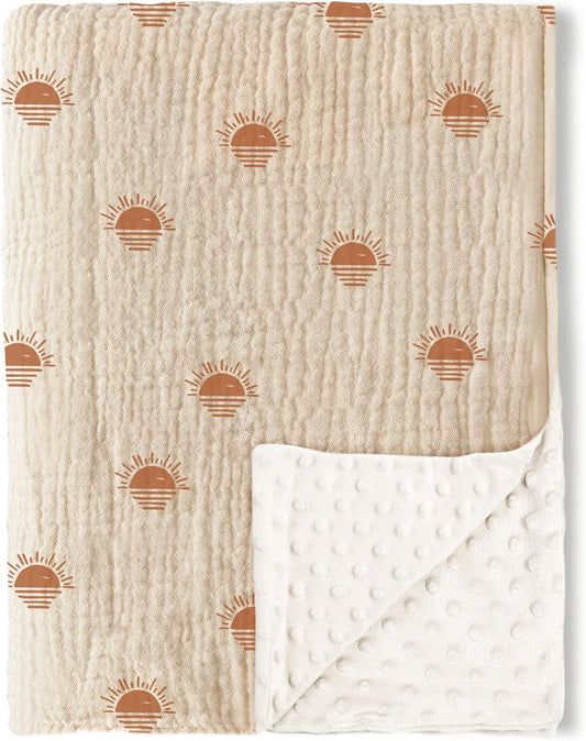 Konssy Baby Blankets for Unisex Boys Girls, Super Soft Nursery Minky Blankets with Muslin Cotton Front and Dotted Fleece Backing, Printed Bed Throws Newborn