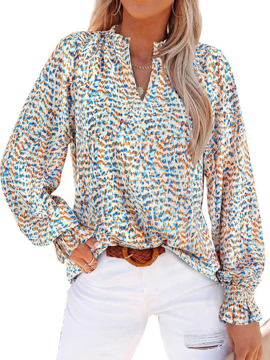 Womens V Neck Floral Long Sleeve Tops 2026 Summer Casual Loose Puff Sleeve Chiffon Boho Work Blouse Dressy T Shirts