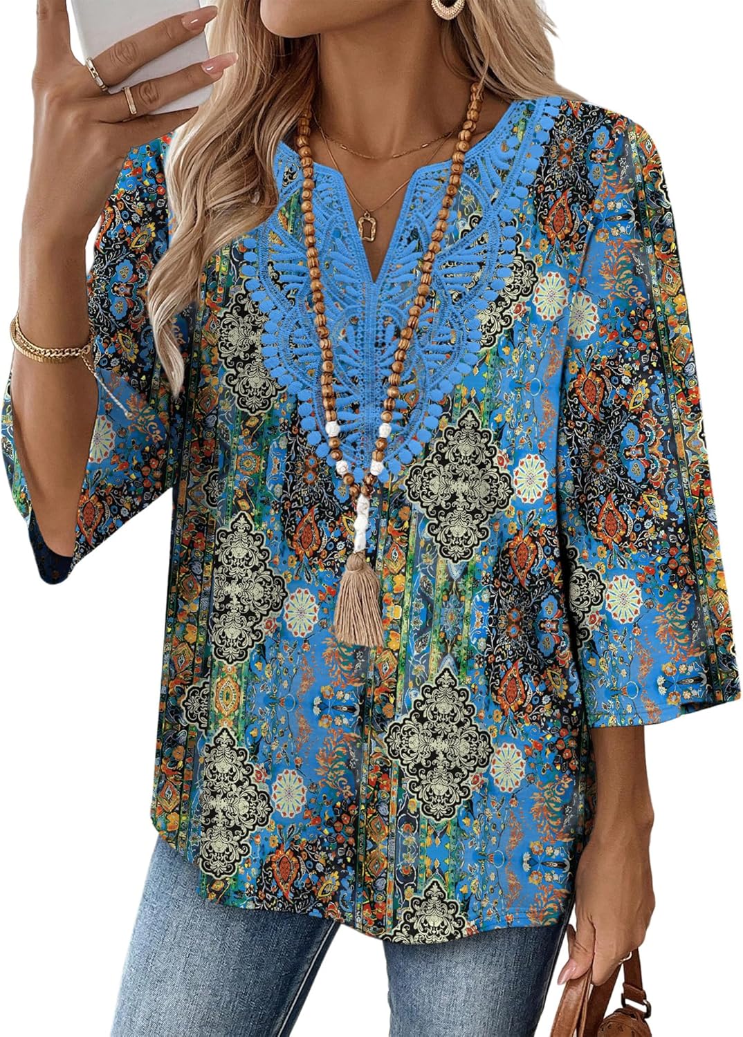 3/4 Length Sleeve Womens Tops Boho V Neck Lace Shirt Trendy Blouses Dressy Casual Vacation Clothes S-3XL