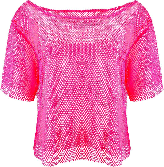 80s Neon Fishnet Top Mesh Top Neon Clothes off Shoulder Fancy Dress Disco Retro Outfit Costume