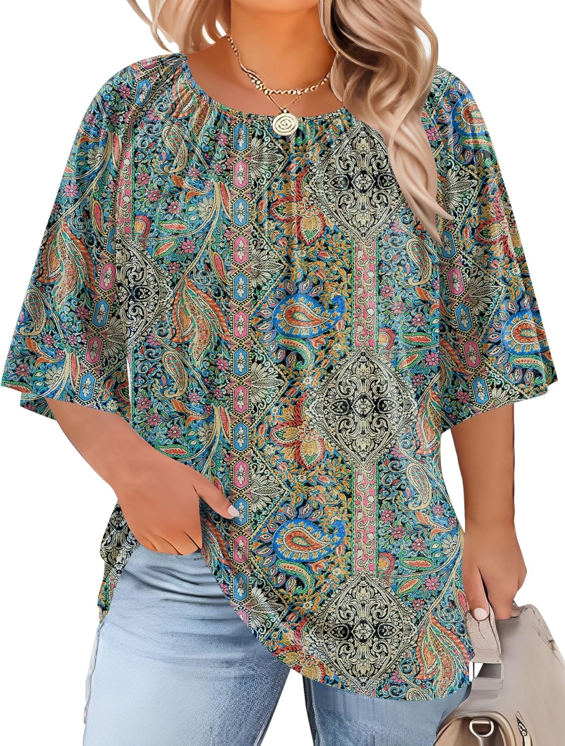 Womens Plus Size Tops Summer 3/4 Length Sleeve Crewneck Blouses Dressy Casual Loose Curvy Flowy Tunic Shirts 1X-5X