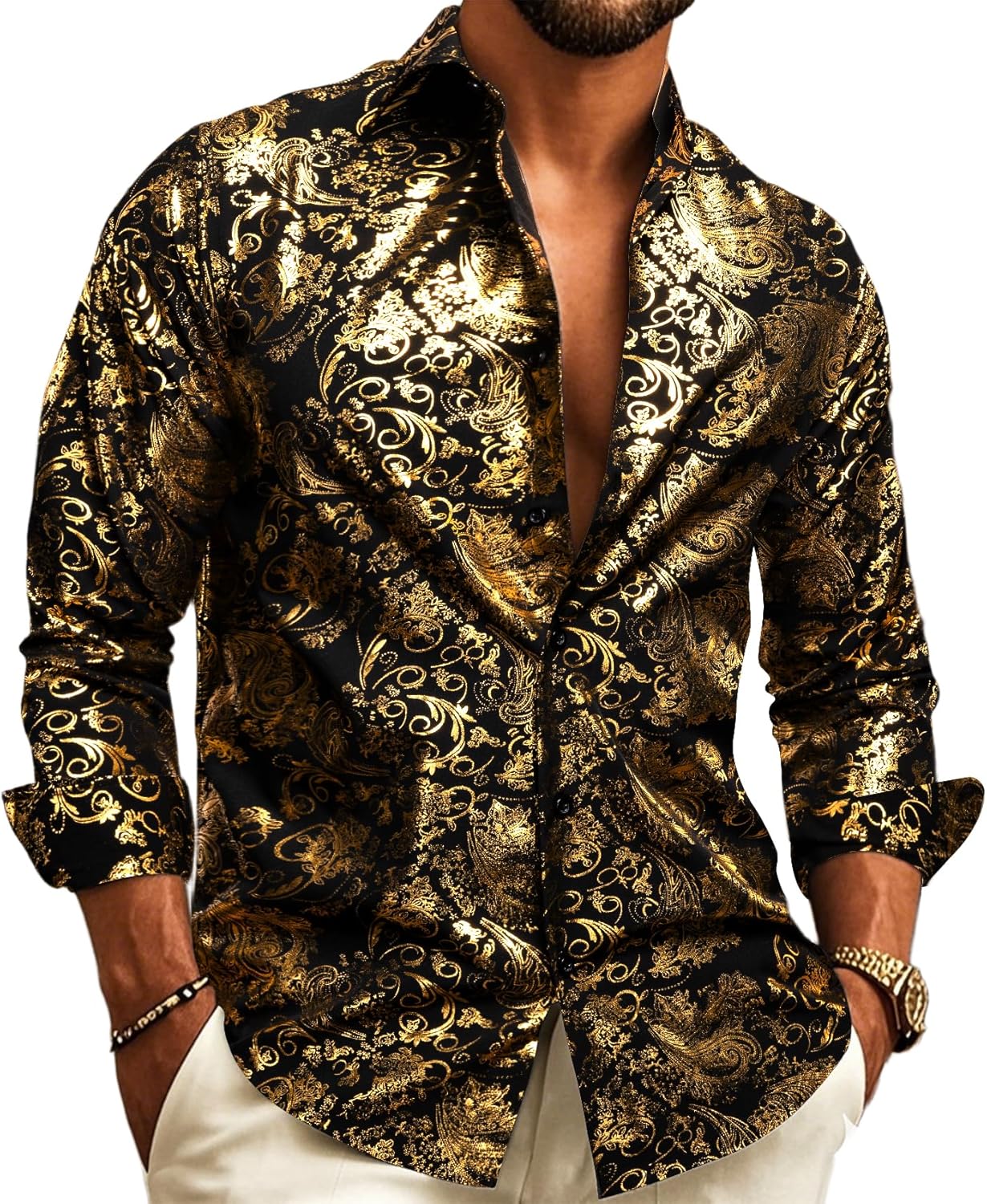 Men's Disco Dress Shirt Long Sleeve Nightclub Mexico Paisley Floral Shirts Metallic Gothic Shiny Button Down Shirt