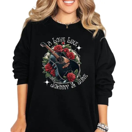 'A Love Like Johnny & June' Long Sleeve Crewneck Sweatshirt, Hoodie, or T Shirt, Casual Music Graphic Statement Tee, Women's Fashion Pullover