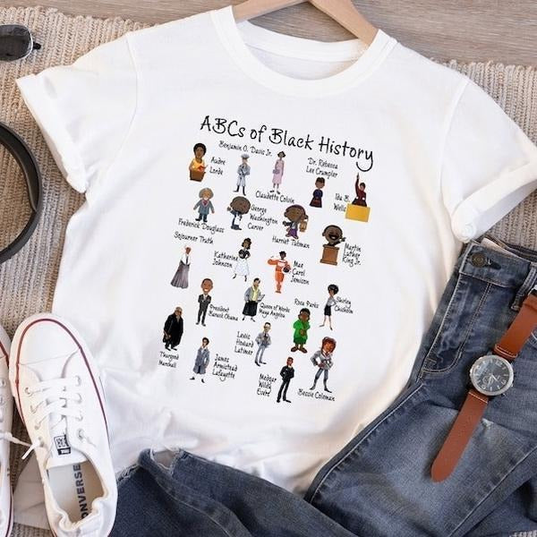 ABCs of Black American History Month T-shirts, Famous African American Icons Historical Graphic Tee for Men and Women