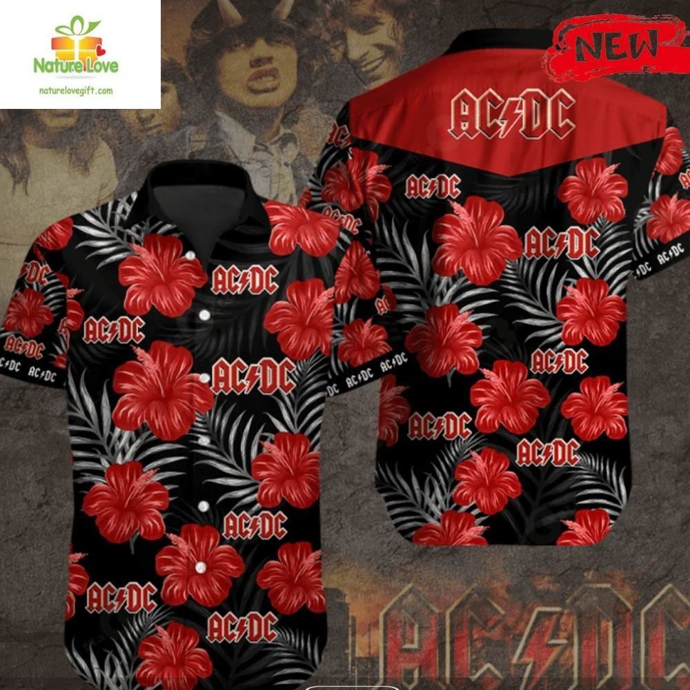 ACDC Rock Band Hawaiian Shirt with Red Flowers Design