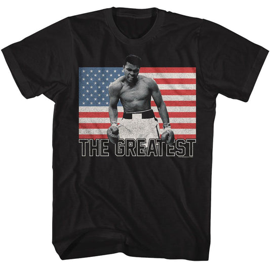 Muhammad Ali - Flag The Greatest - American Classics - Solid Black Adult Short Sleeve T-Shirt