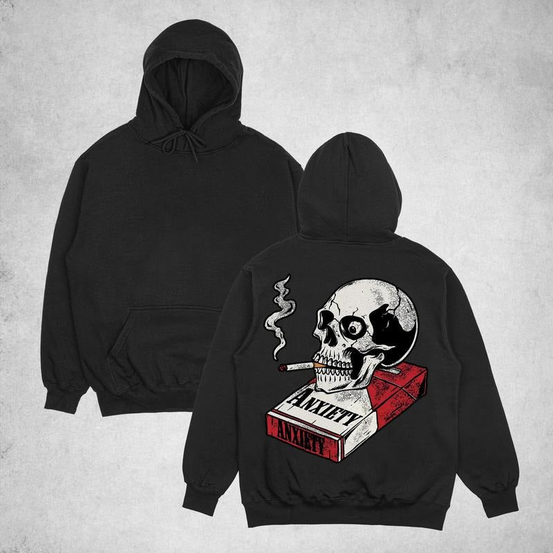 ANXIETY Smoking Skull&Cigarette Case Print Men's Hoodie T-Shirts, Sweatshirt | InkThreadWorks.com