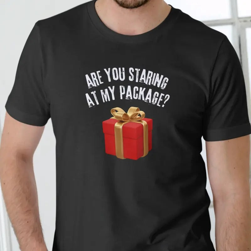 ARE YOU STARING AT MY PACKAGE T Shirt, Christmas Cotton Menswear Hoodie, Sweatshirt | InkThreadWorks.com