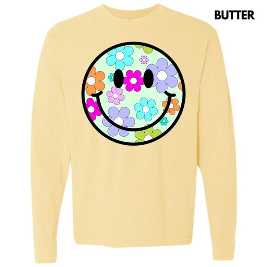 Adorable Floral Happy Face Long Sleeve Comfort Colors T-Shirt 'NLB' Hoodie, Sweatshirt | InkThreadWorks.com