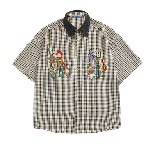 Aelfric Eden Shirts Plaid Embroidery Short Sleeve Shirt Casual Graphic T-Shirts Men Button Down Tee Tops Oufits