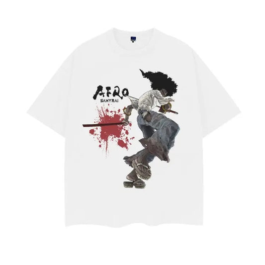 Afro Samurai "Afro" Vintage Oversized Tee Anime T-shirt 100% Cotton Original Design DTG Printing baggy compression clothes Top Casual Man White Tshirt Crewneck