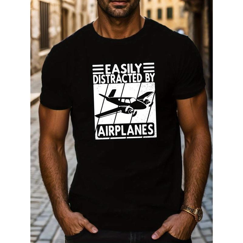 Airplane Print T-Shirts - Ultra-Soft, Relaxed Fit, Stretchy Crew Neck, Short Sleeve Tops for Men