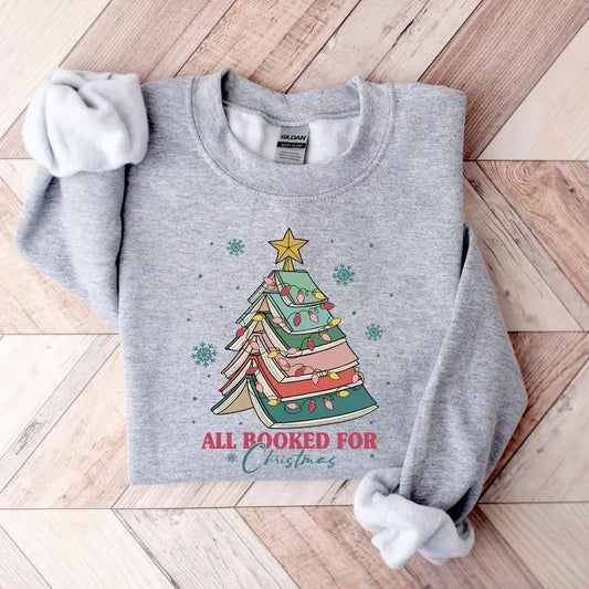All Booked For Christmas Shirt Gift for Librarian,Bookworm Christmas Sweater,Christmas Book Tree Sweatshirt,Book Lovers...