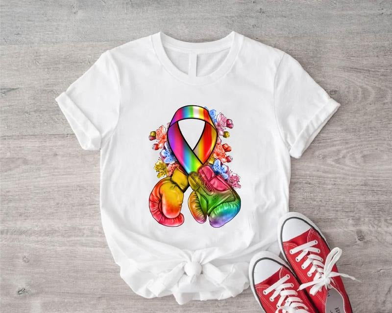 All Color Ribbon With Boxing Gloves Shirt, Matching Warrior Support Squad Tee, Cancer Awareness T-Shirt, Colorful Cancer...