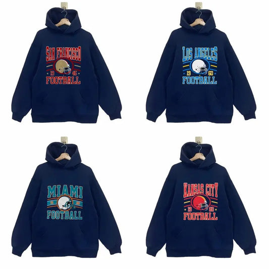 All Football Teams Vintage Style Hoodie - Classic Fit, Navy Color Hoodie T-Shirts, Sweatshirt | InkThreadWorks.com
