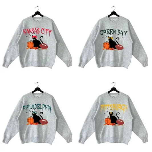 All Team Football Halloween Sweatshirt, Black Cat Football Sweatshirt, Sunday Football Crewneck Sweatshirt T-Shirts, Hoodie