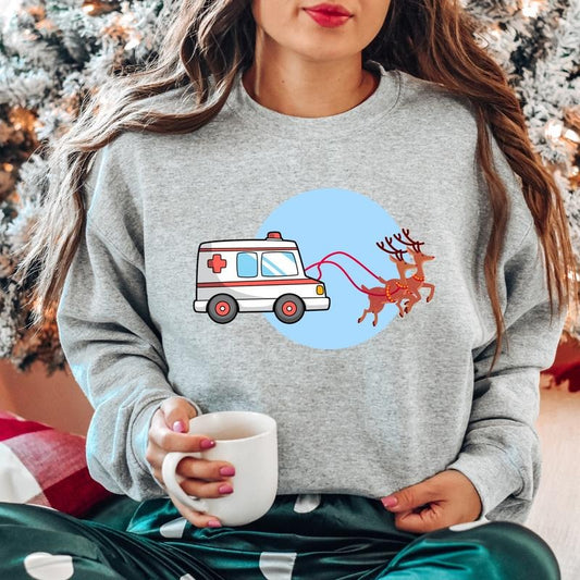 Ambulance And Deer Sweatshirt, Matching Emergency Medical Technician Holiday Hoodie, Xmas Celebration Sweater, Medical...