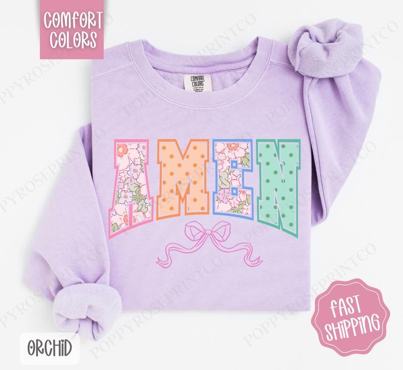 Amen Bow Comfort Colors Sweatshirt, Easter Women's Crewneck, Cute Women's Sweater T-Shirts, Hoodie | InkThreadWorks.com