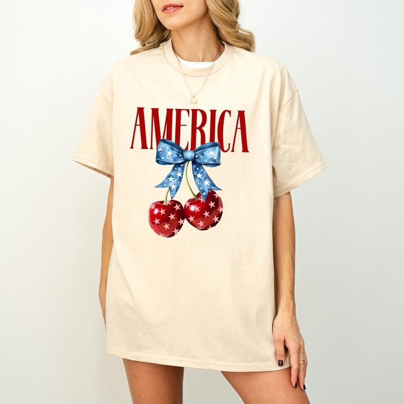 America Cherries T-shirt, Cherry Bow Shirt, Trendy July 4th PNG, 4th of july Woman Shirt, Usa Flag Shirt Hoodie, Sweatshirt