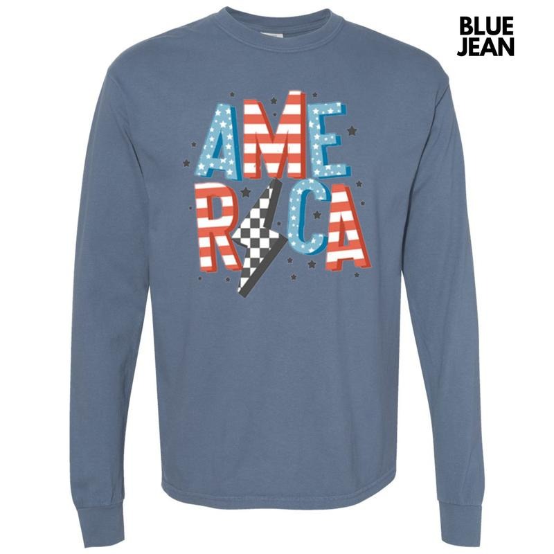 America Lightning Bolt Long Sleeve Comfort Colors T-Shirt Hoodie, Sweatshirt | InkThreadWorks.com