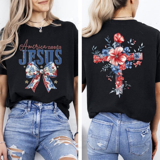 America Needs Jesus  Independence Day Tee Pure Cotton Casual Street Style Crew Neck Short Sleeve T-Shirt Tops Trendy For...