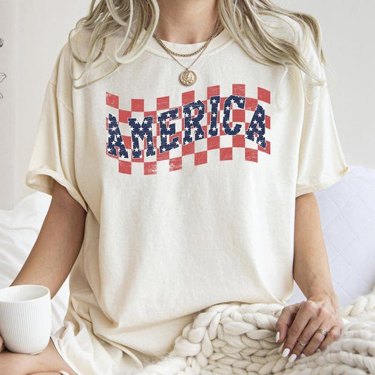 America, Retro, Patriotic, USA, Checkered, Vintage, Tshirt, Women's Crew Neck, Crewneck