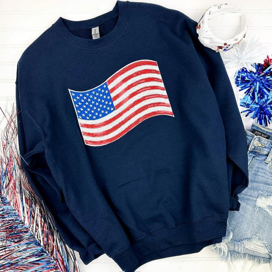 American Flag Sequin Patch Sweatshirt -- NAVY