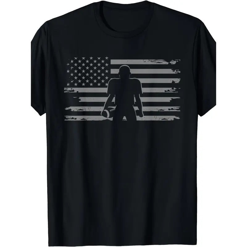 American Football Player Silhouette Graphic Print Men's Crew Neck Short Sleeve Cotton T-shirt, Casual Summer T-Shirt For Daily Wear And Vacation Resorts Made in USA