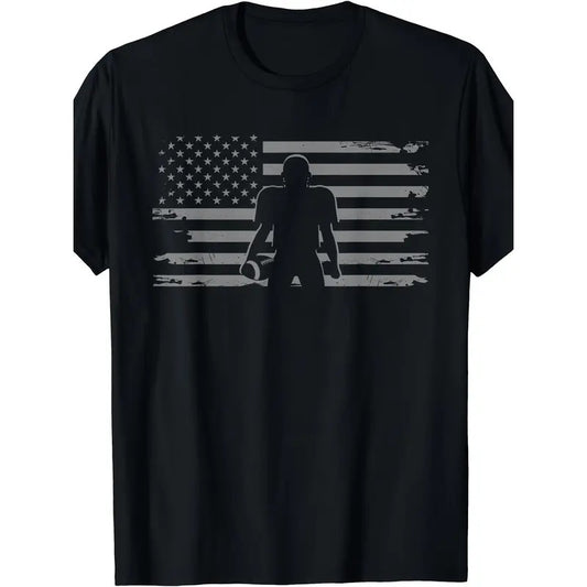 American Football Player Silhouette Graphic Print Men's Crew Neck Short Sleeve Cotton T-shirt, Casual Summer T-Shirt For Daily Wear And Vacation Resorts Made in USA
