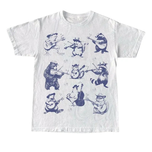 Animal Musicians 90s Tattoo Vintagse Style Tshirt, Retro Animal Music Lovers Cute Nature Shirt, Bear Playing Guitar, Raccoon, Raccoon, Frog, vintage 90s graphic tees Top Menswear Underwear Streetwear Crewneck Round Neck Shortsleeve Tropical T-Shirt Casual