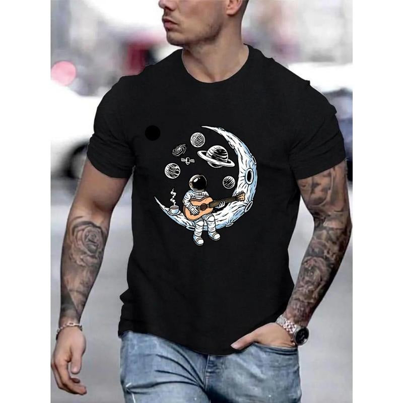 Anime Astronaut And Moon Graphic Print, Men's Novel Graphic Design T-shirt, Casual Comfy Tees For Summer, Men's Clothing Tops For Daily Activities Made in USA