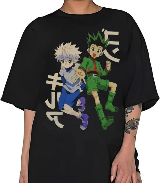 Anime Zoldyck Killua And Gon Freecss Black Unisex T-Shirt Hunter x Hunter Japanese Style Graphic Tees Cotton Casual Crew Neck