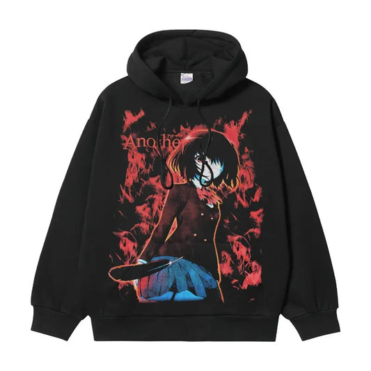 Another "Mikazaki Mei" Heavyweight Vintage Hoodie Cotton Blend Classic Anime Sweatshirt Menswear Tops Long Sleeve Oversize Black Oversized