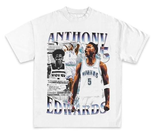 Anthony Edwards Newspaper Graphic T-Shirt | Y2K Vintage Basketball Rap Tee, Heavyweight Shirt for Men & Women Top Streetwear
