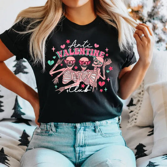 Anti Valentine Club T-Shirt, Funny Valentine Skeleton Shirt, Skull Valentine's Day Tee, Heart Valentine Skeleton Tee,...