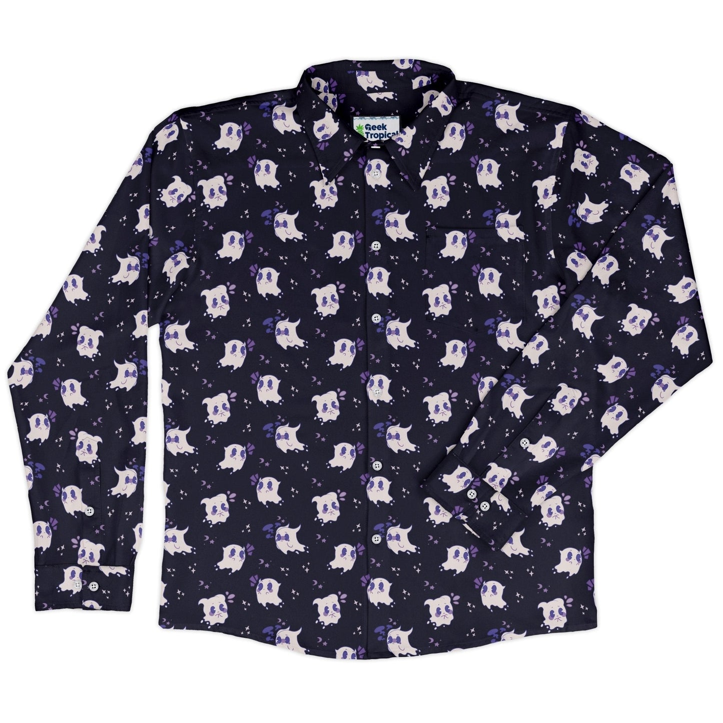 Anxious Ghosts Purple Long Sleeve Button Up Shirt