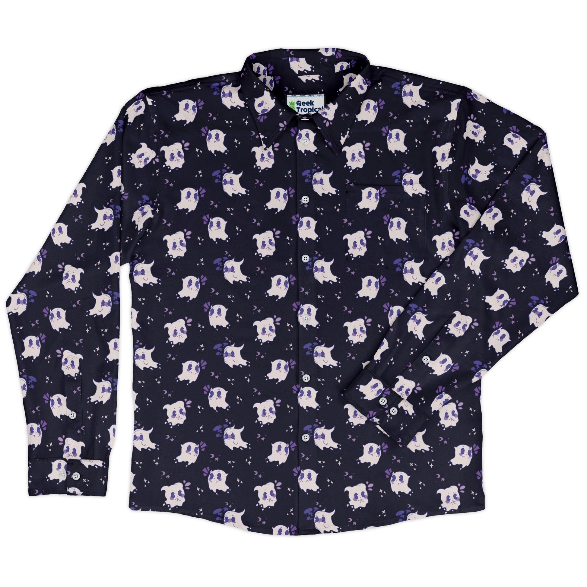 Anxious Ghosts Purple Long Sleeve Button Up Shirt