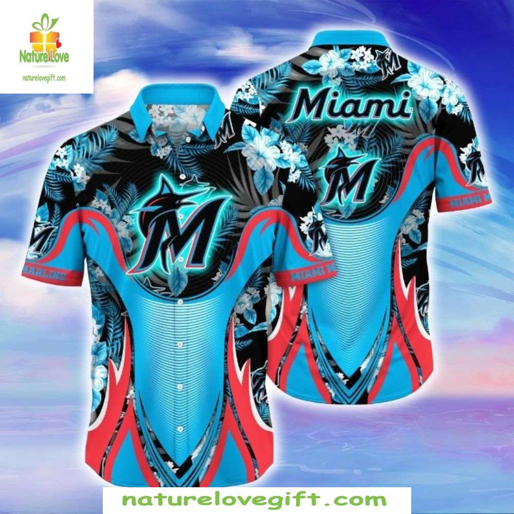 Miami Marlins Hawaiian Shirt Aquatic Flora Surge Baseball Apparel