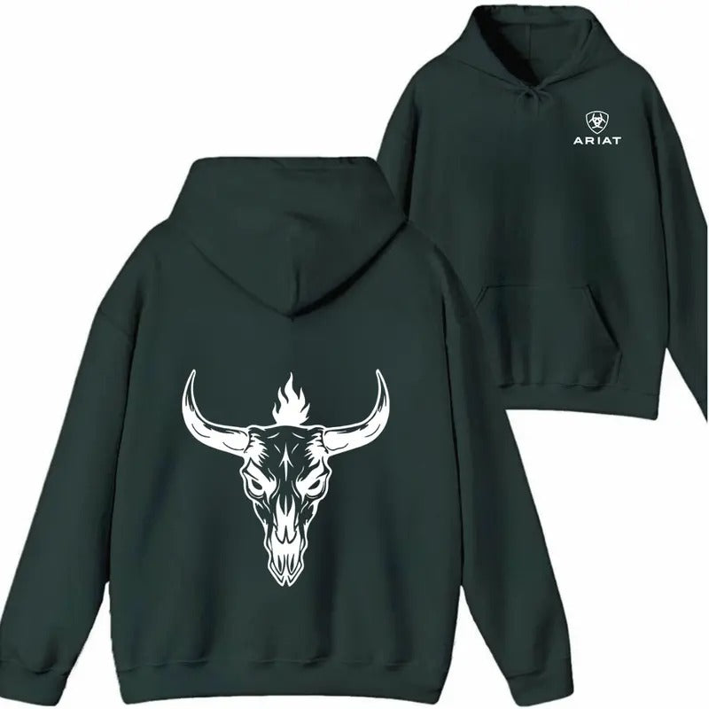 Ariat Hoodie Sweatshirt T shirt- Bold Skull and Flames Design, Unisex, Perfect for Casual Wear and Outdoor Adventures