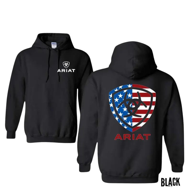 Ariat Hoodie, American Flag Emblem Design, Perfect for Patriotic Style and Outdoor Activities. Hoodie Menswear Long Sleeve Tops