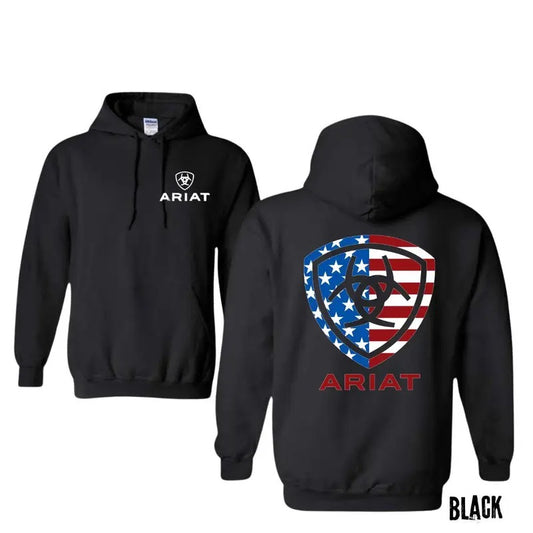 Ariat Hoodie, American Flag Emblem Design, Perfect for Patriotic Style and Outdoor Activities. Hoodie Menswear Long Sleeve Tops