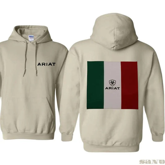 Ariat Hoodie, Bold Mexican flag logo design, suitable for outdoor activities and casual wear, providing. Unisex....