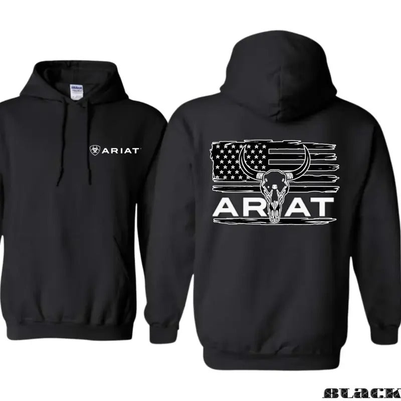 Ariat Unisex Hoodie - Bold Bull Skull & American Flag Design for a Rugged, Edgy Look, Perfect for fans of daring and stylish fashion, Casual Hoodie