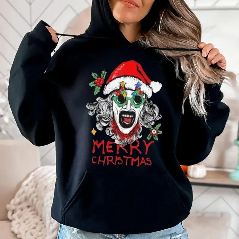 Art The Clown Mery Christmas Hoodie, Terrifier Funny Santa Christmas T Shirt, Terrifier 2 Sweatshirt, Xmas Gift, Scary Movie Terrifier Halloween, Vibes, Unisex Sweater Pullover Tee